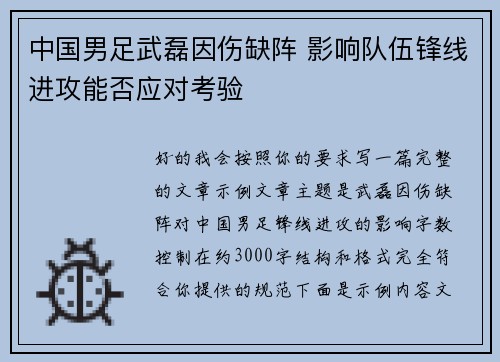 中国男足武磊因伤缺阵 影响队伍锋线进攻能否应对考验